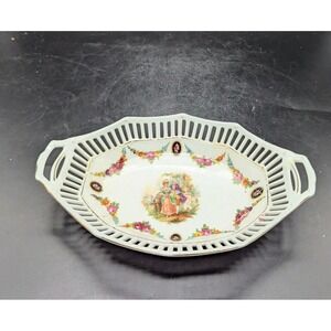 Antique‎ Hand Painted Dish German Courting Floral Gold Lattice Oval White 9.75"